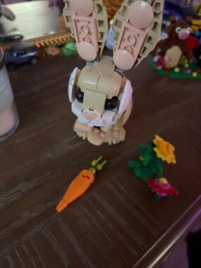 Lego Tan and Pink Bunny with Orange Carrot and Green Flower Stems